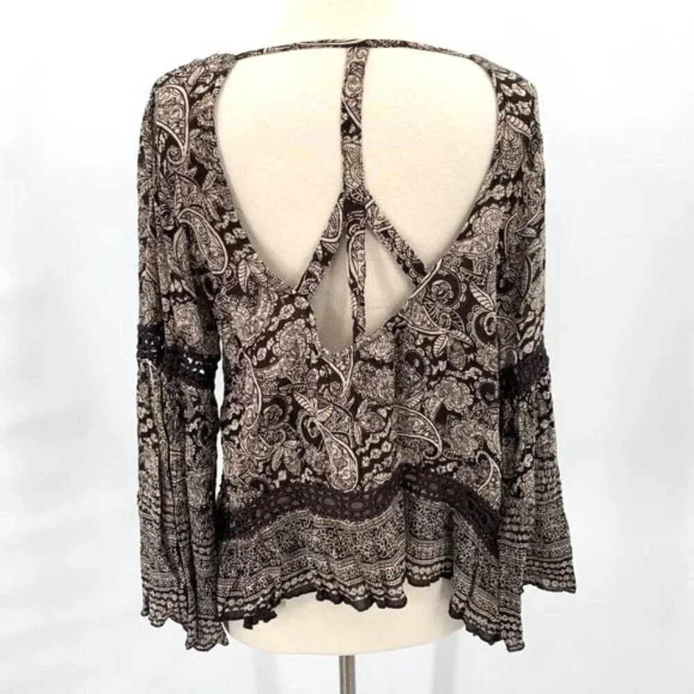 PATRONS OF PEACE Cut Out Top Bell Sleeve Boho S Bohemian Blouse Women Brown
